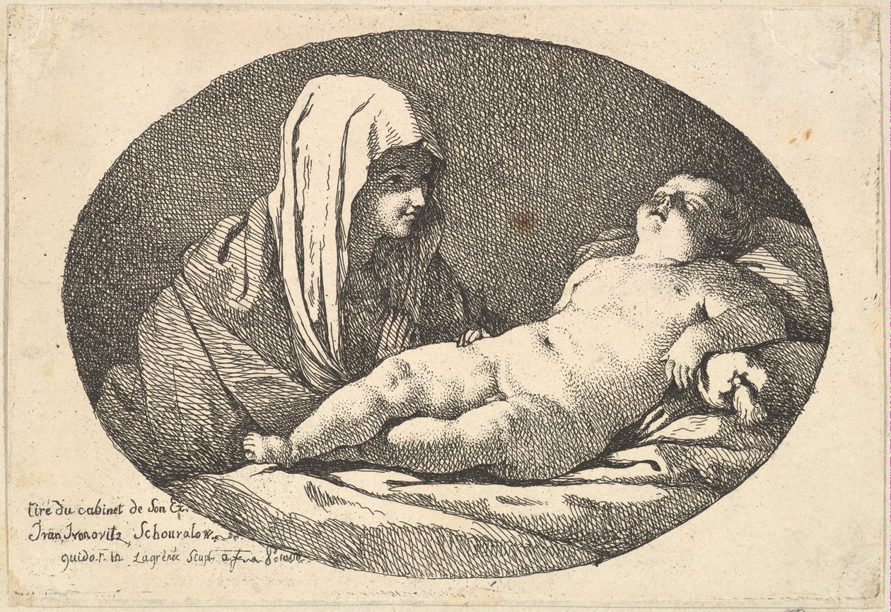 Jungfrun till vänster tittar på spädbarnet Kristus när han sover, en oval sammansättning, efter ..., 1760-63. av Jean Jacques Lagrenee