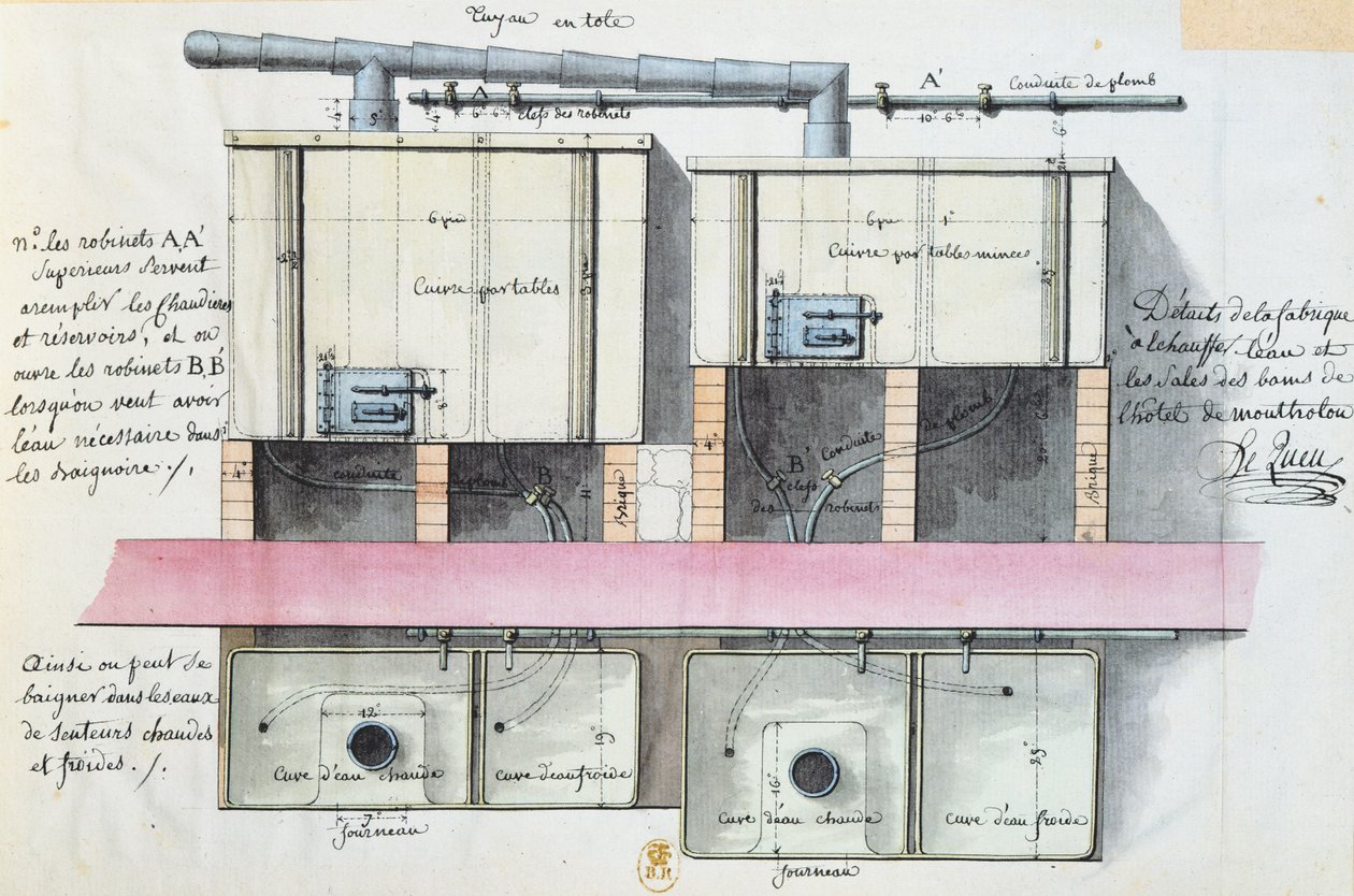 Design för system för uppvärmning av vatten på Hotel de Montholon i Paris, ca 1787 (wc på papper) av Jean Jacques Lequeu