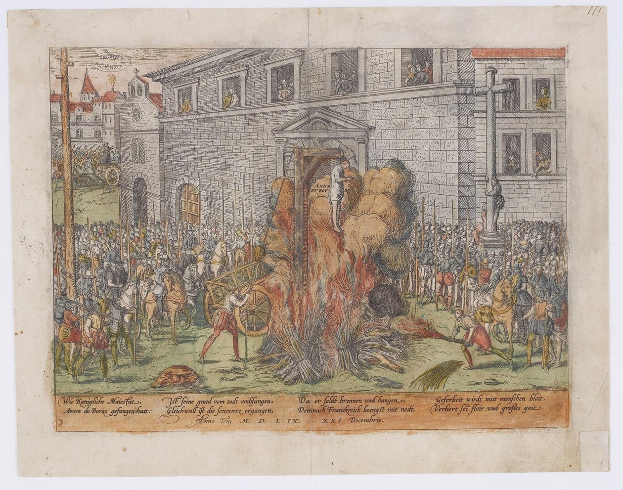 Avrättningen av Anne du Bourg den 23 december 1559, 1568 av Jean Jacques Perrissin