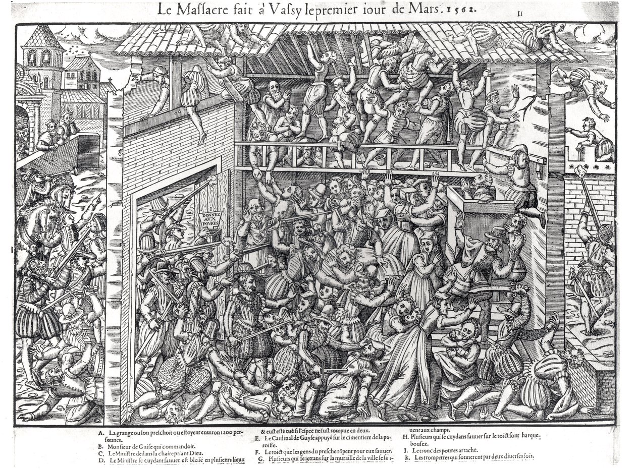 Massakern på den protestantiska befolkningen av hertigens trupper i Wassy-sur-Blaise den 1 mars 1562, graverad av Jacques Tortorel (1568-92). av Jean Jacques Perrissin