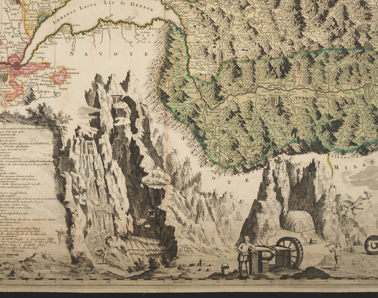 En ny karta över Schweiz med de mest kända och mäktiga kantonerna och offentliga angelägenheter av den reformerade religionen Tigurina, Bern, Glarus, Basel, Scafusiana, Abbot Cellana, detalj, c.1712 (handfärgat tryck) av Jean Jacques Scheuchzer
