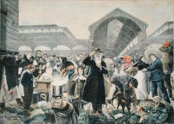 Soup Stand på Les Halles Market in the Morning, illustration från Le Petit Journal, 2 mars 1897, graverad av Fortune-Louis Meaulle (1844-1901) av Jean Jacques after Rousseau