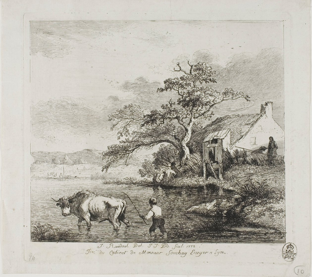 En herde och en tjur som korsar en flod av Jean Jacques de Boissieu