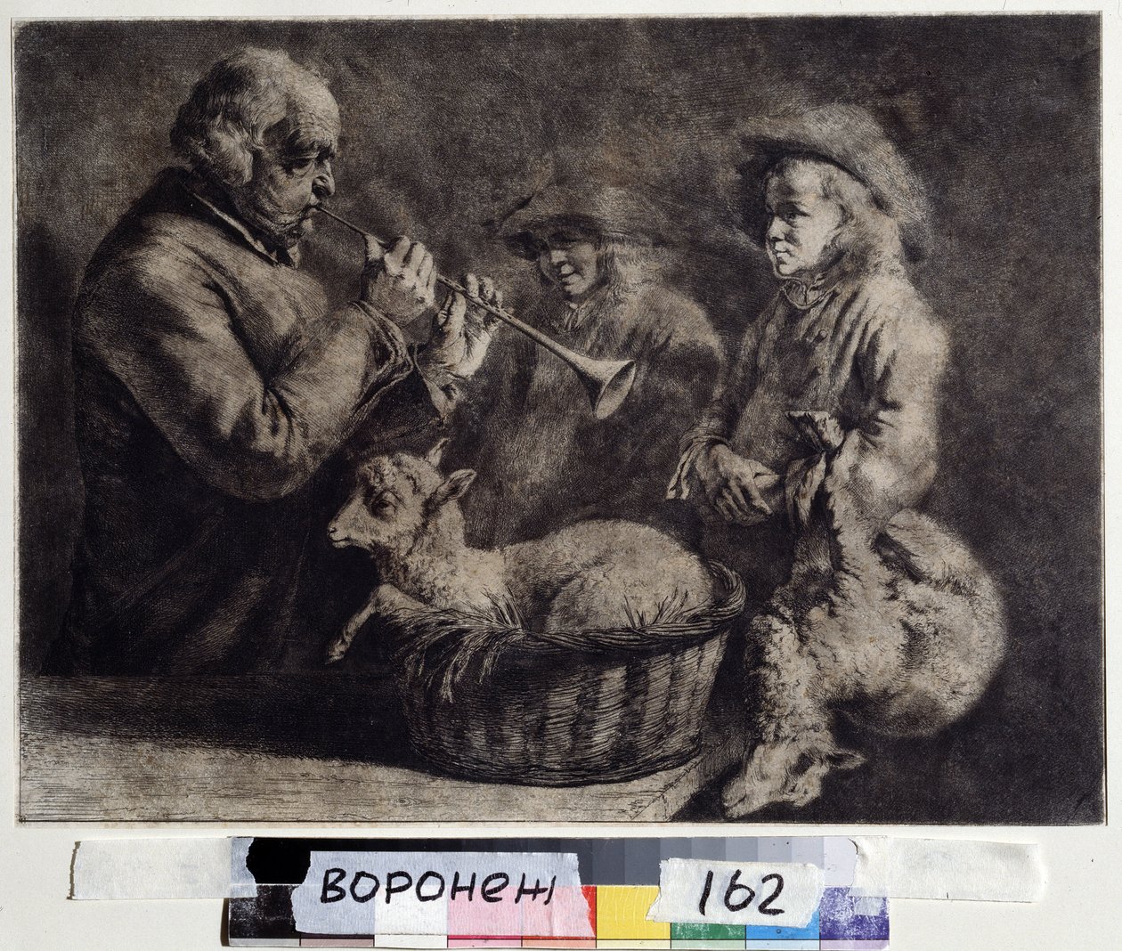 ""Oboisten"" (oboist) En musiker som spelar oboe inför två herdar. Träsnitt av Jean Jacques de Boissieu (1736-1810) 1772 Ivan Kramskoy (eller Kramskoi) konstmuseum i Voronezh (Voronezh), Ryssland. av Jean Jacques de Boissieu