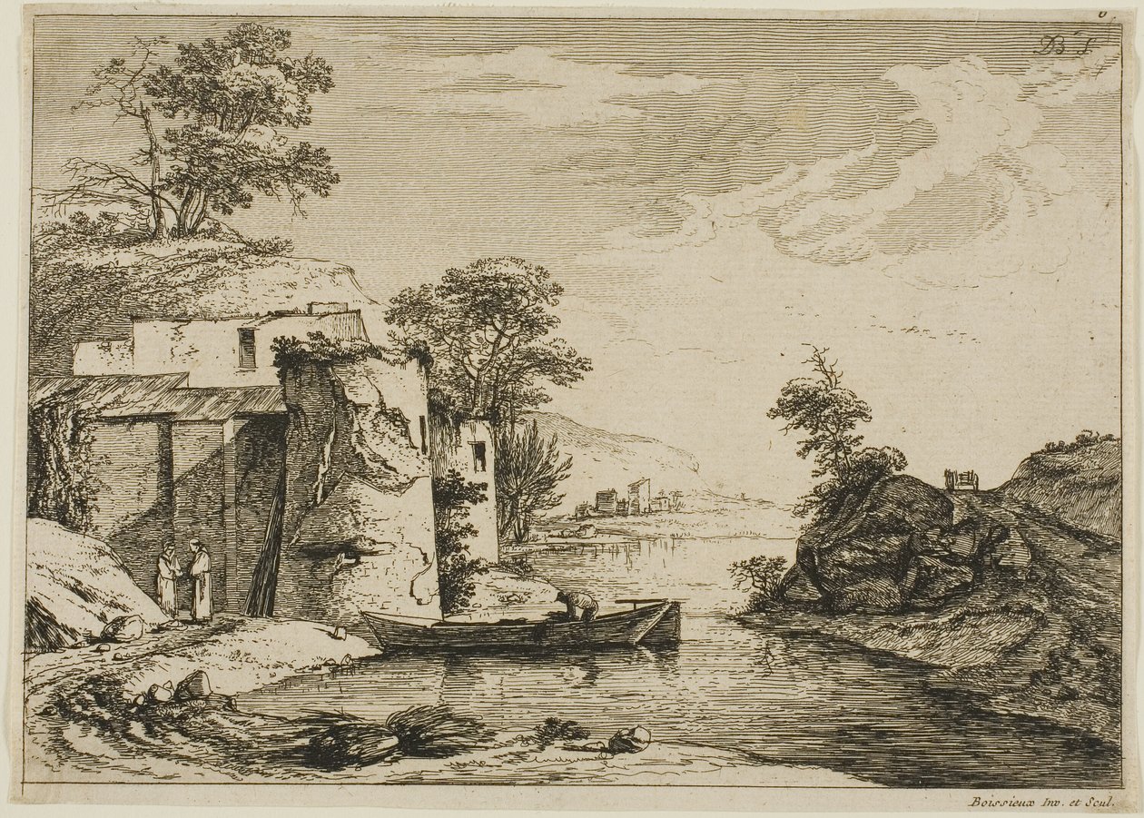Det gamla tornet vid kanten av en flod av Jean Jacques de Boissieu