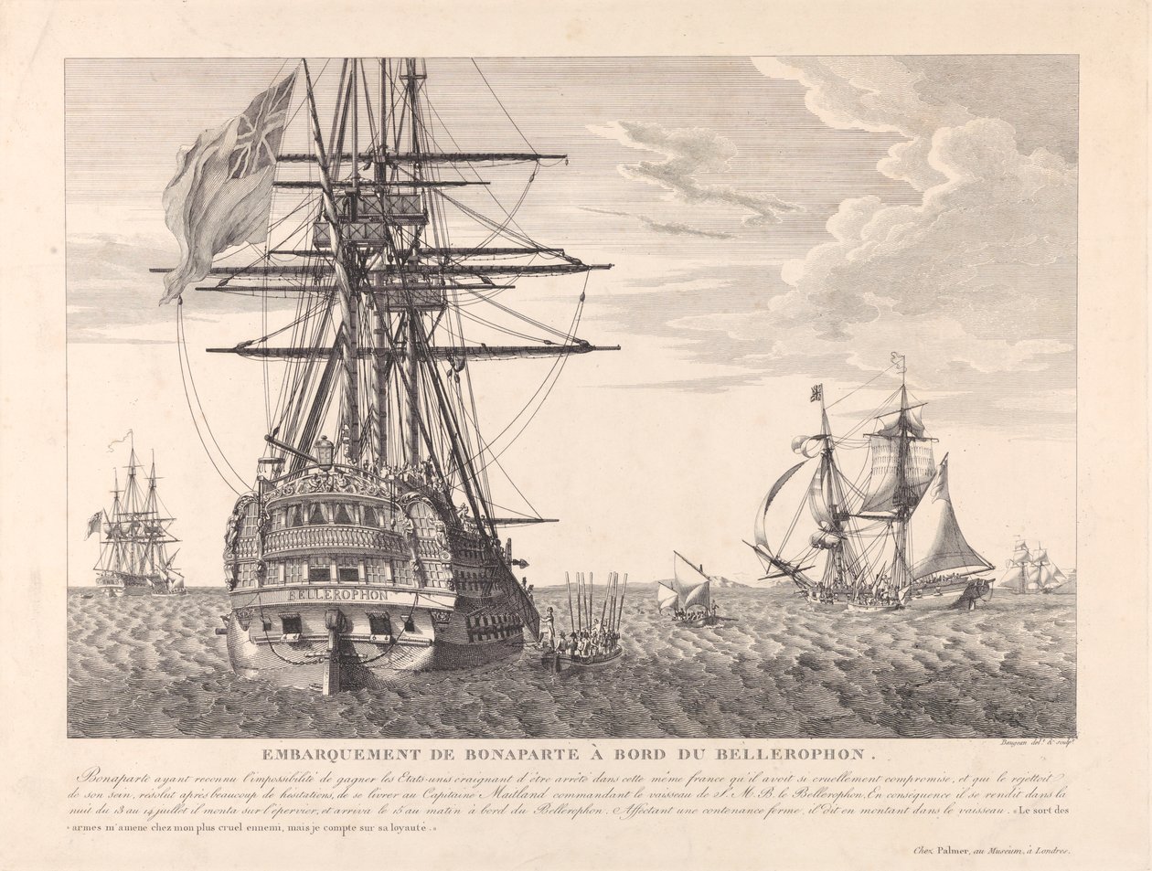 Napoleon kapitulerar för kapten Frederick Lewis Maitland den 15 juli 1815, ca 1815 (etsning) av Jean Jerome Baugean