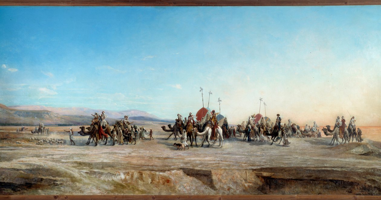 Letar efter en camping karavaner av nomader och kameler i öknen. Målning av Jean Joseph Bellel (1816-1898) Montpellier från 1800-talet, Musee Fabre - Letar du efter ett läger. Nomadiska karavaner och kameler i öknen. Målning av Jean Joseph Bellel (1816-189 av Jean Joseph Bellel