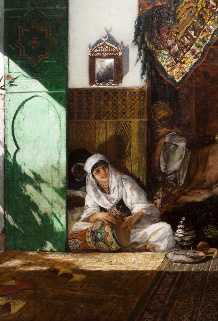 Interiör från ett harem i Marocko, detalj: kvinna som spelar derbouka av Jean Joseph Benjamin Constant