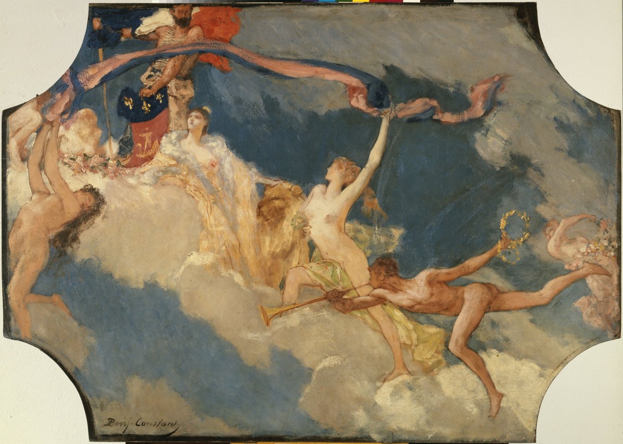 Skiss för bankettsalen i Hôtel de Ville de Paris: Staden Paris bjuder in världen till sina festligheter av Jean Joseph Benjamin Constant