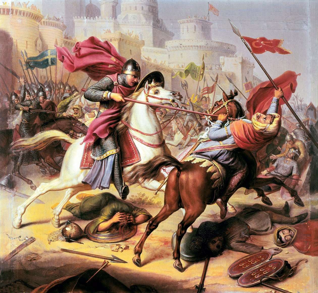 första korståget: ""Robert II hertig av Normandie kallade Robert Courthouse och kämpade mot en muslimsk soldat under belägringen av Antioche 1098 - 1838 av Jean Joseph Dassy