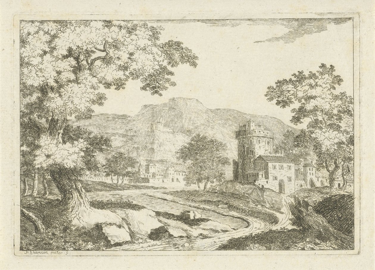 Flodlandskap med hus och torn av Jean Joseph Hanson