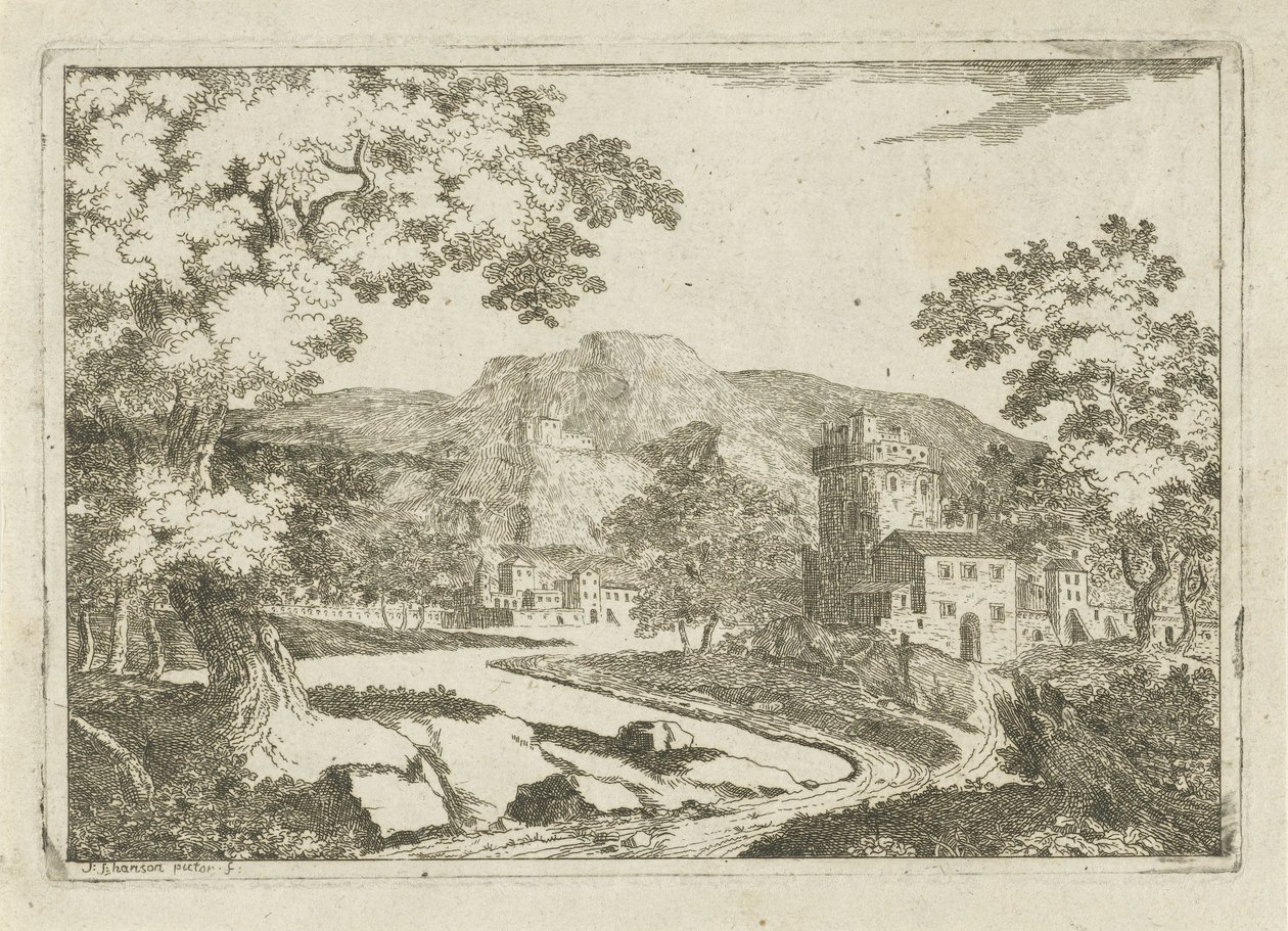 Flodlandskap med hus och torn av Jean Joseph Hanson
