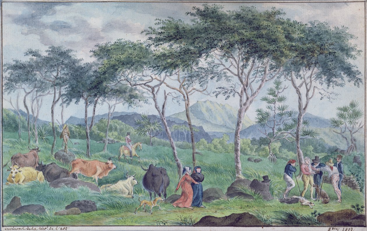 Boskapsbesättning med koherdar nära floden öster om Ile de la Reunion, oktober 1812 av Jean Joseph Patu de Rosemont