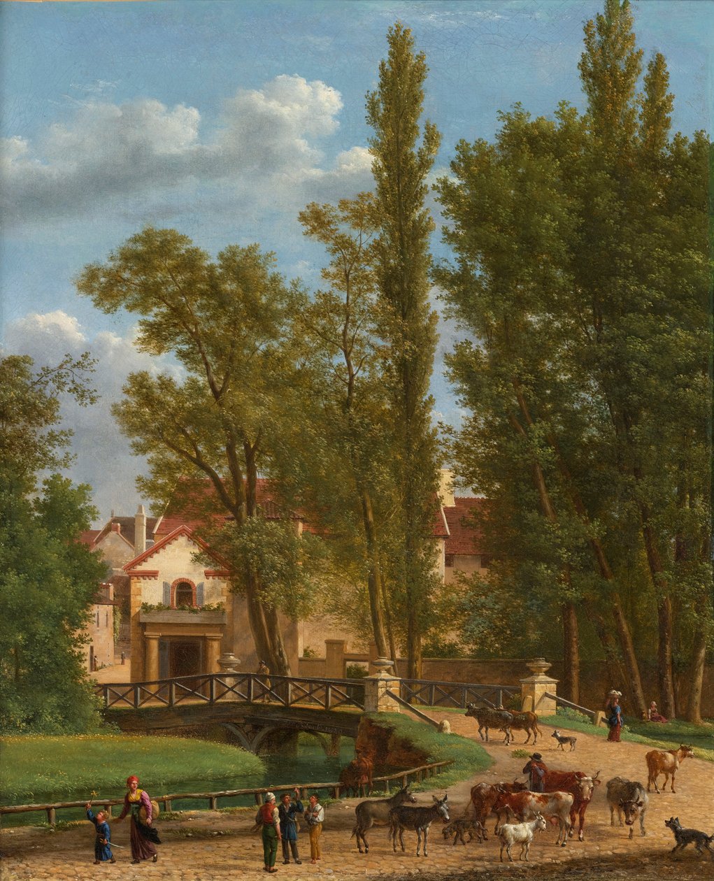 Bybor och djur i ett landskap bredvid en bro vid infarten till en by av Jean Joseph Xavier Bidauld