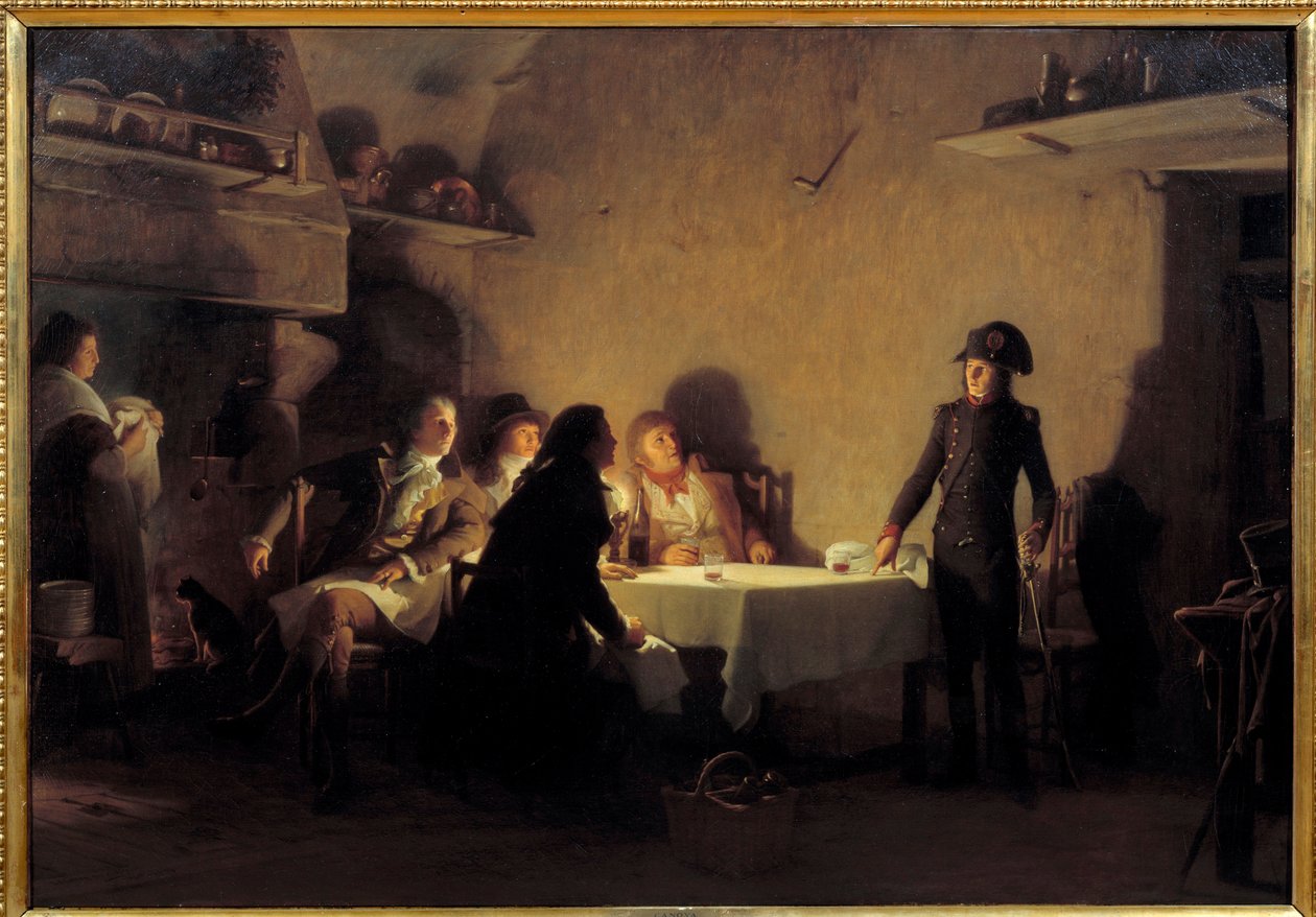 Beaucaires middag. I slutet av sitt besök på Beaucaire-mässan den 29 juli 1793 äter Napoleon Bonaparte med två Marseille-förhandlare, en Nimois- och en Montpellier-tillverkare. Han ritar om texten "Le supper de Beaucaire", på två nätter. Framtidens kejsare av Jean Jules Antoine Lecomte du Nouy