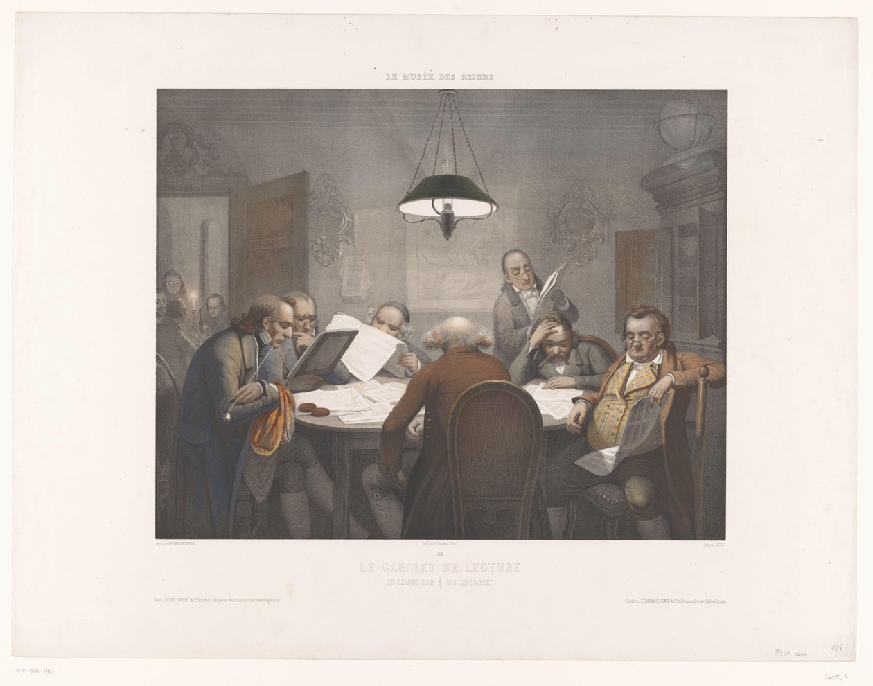 Lässkåp med läsande män vid ett runt bord Le cabinet de lecture / Läsklubben / Das Lesecabinet (titel på objekt) Museum of Laughers (serietitel) Le musée des rieurs (serietitel på objekt) av Jean Julien Jacott