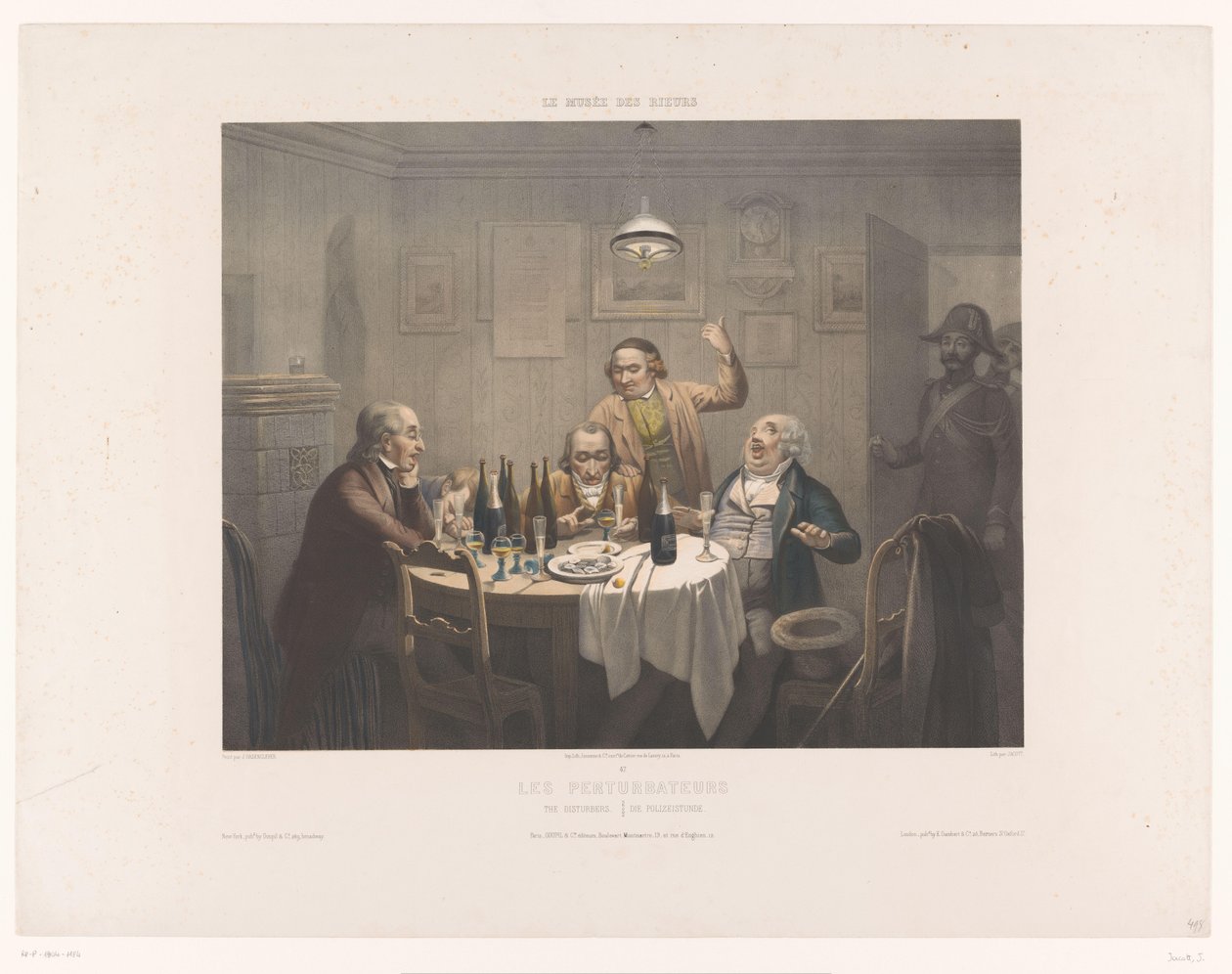 Polisen avbryter en grupp drickande män Les perturbateurs / The Disturbers / Die Polizeistunde (titel på objekt) Museum of the Laughers (serietitel) Le musée des rieurs (serietitel på objekt) av Jean Julien Jacott