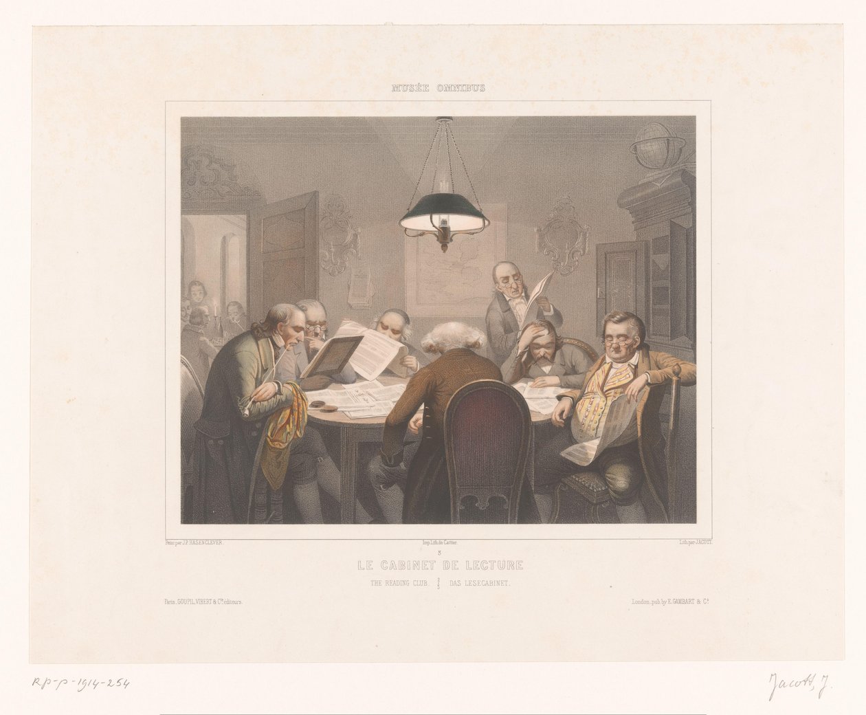Sju män läser vid ett bord Le cabinet de lecture / Läsklubben / Das lesecabinet (titel på objekt) Avbildningar av speciella aktiviteter (serietitel) Musée omnibus (serietitel på föremål) av Jean Julien Jacott