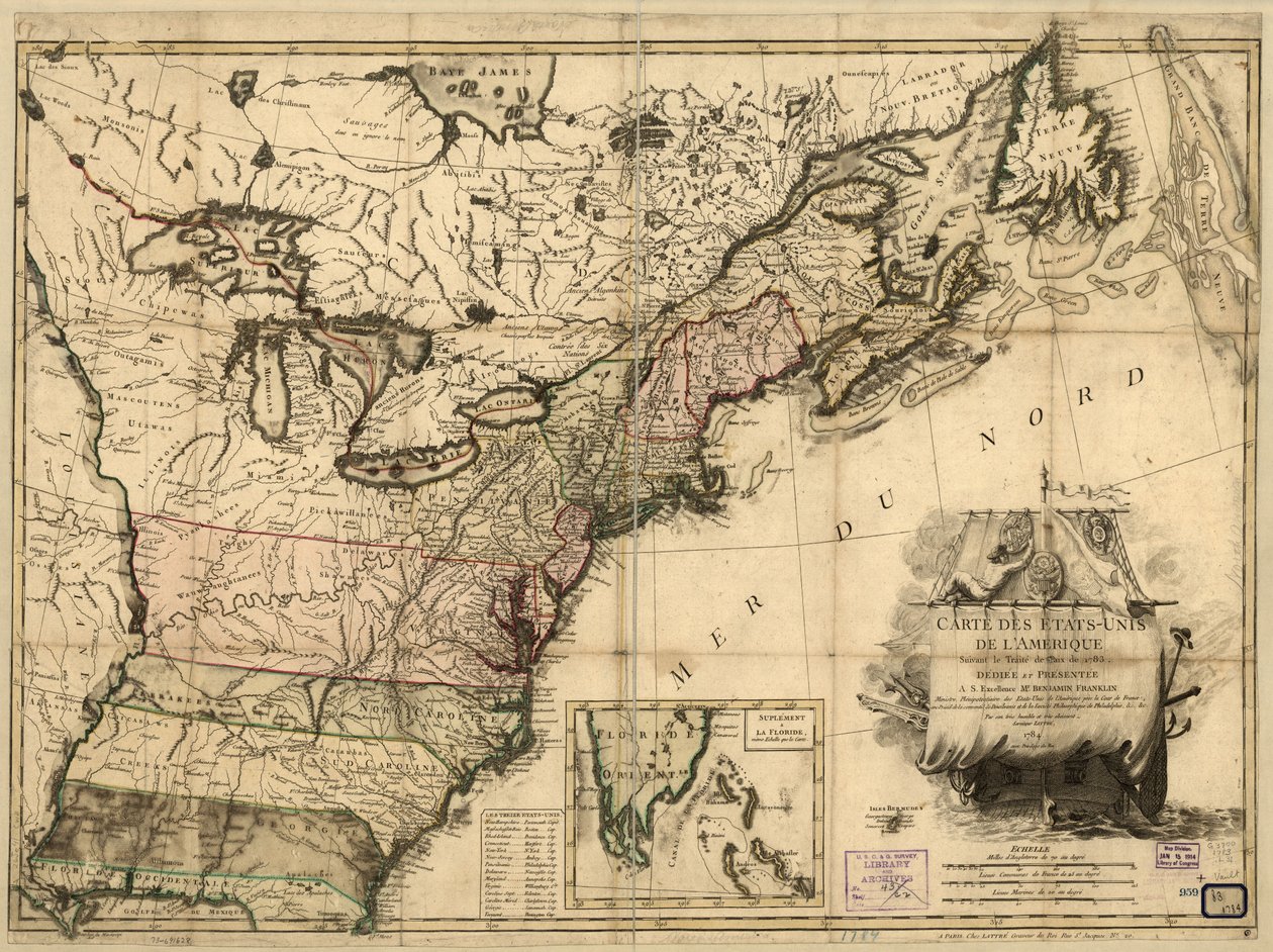 Karta över USA efter fredsfördraget 1783. av Jean Lattré