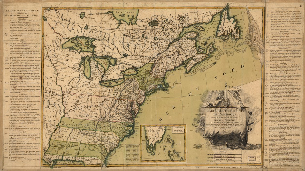 Karta över USA efter fredsfördraget 1783. av Jean Lattré