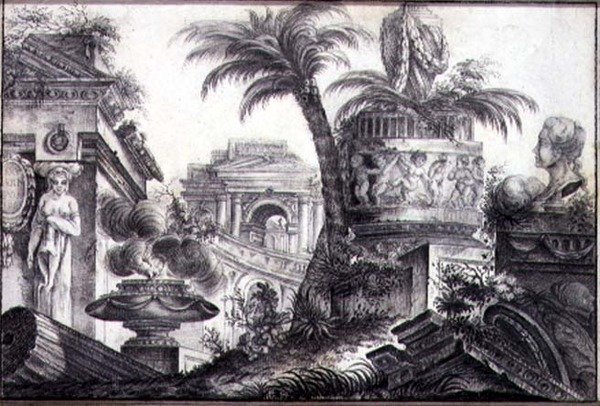 An Architectural Fantasy, c.1760 (kol och penna på papper) av Jean Laurent Legeay