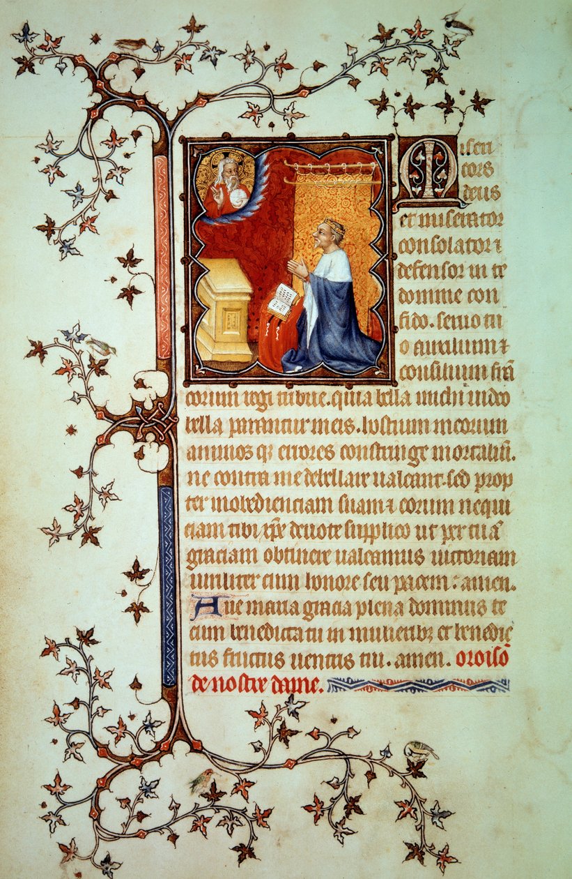 Hertig John I av Berry (1340-1416) bad inför Gud som välsignade honom Miniatyr från manuskriptet (ms. lat. 18014) "The Little Hours of John of Berry"" upplyst av John the Black, ca 1375. Paris, B.N. av Jean Le and workshop (attr. to) Noir