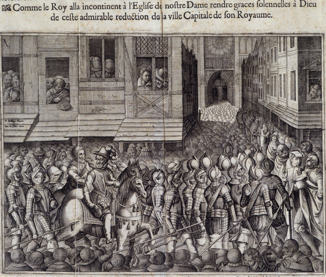 Entré av Henrik IV (1553 - 1610) i Paris den 22 mars 1594 och går till Cathedrale de Notre Dame för att delta i mässan - Gravyr av Jean Lecler, efter Bollery, Musee de Notre Dame de Paris av Jean Leclerc