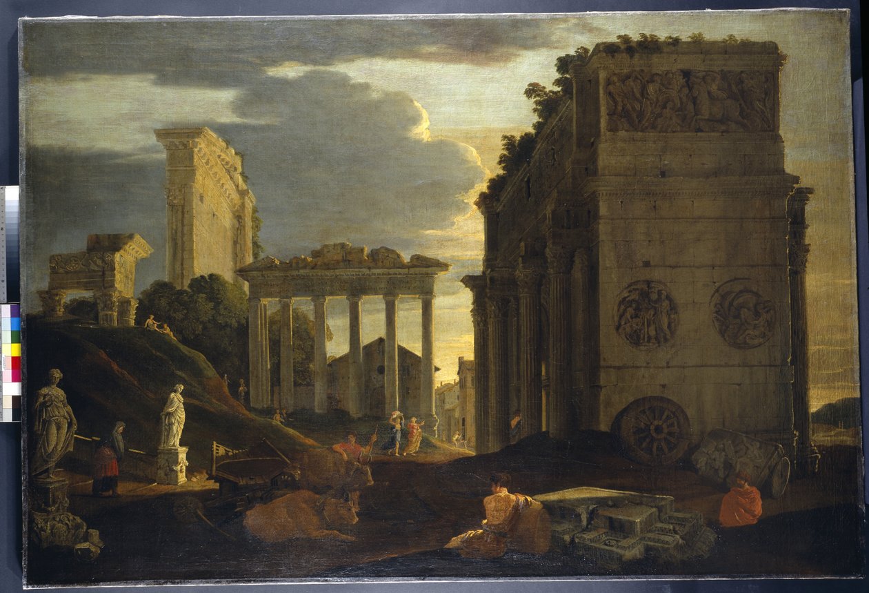 Capriccio-vy med figurer av en triumfbåge och templen för Saturnus och Jupiter Tonans (olja på duk) av Jean Lemaire