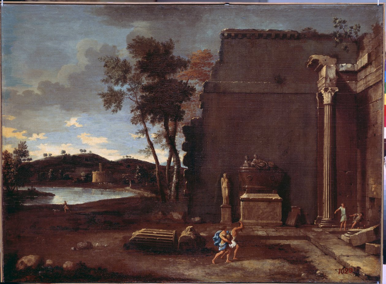 Landskap med en sarkofag. Målning av Jean Le Maire (1597-1659). Fransk konst, olja på duk. Eremitagemuseet, Sankt Petersburg av Jean Lemaire