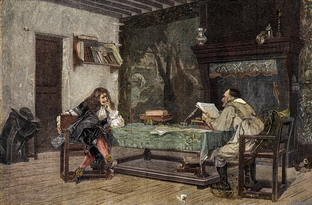 Samarbete mellan Jean Baptiste Moliere och Pierre Corneille Fransk dramatis - "" Författarna Jean-Baptiste (Jean Baptiste) Poquelin dit Moliere (1622-1673) och Pierre Corneille (1606-1684)"" gravyr efter målningen av Jean-Leon (Jean) Leon) Gerome av Jean Leon (after) Gerome