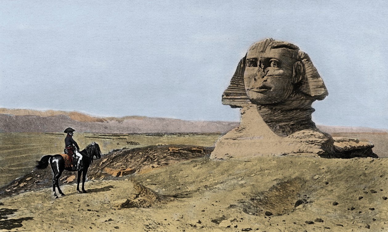 Napoleon och sfinxen - Egyptens kampanj (expedition) (1798-1801): Napoleon I Bonaparte (1769-1821) framför Gizehs sfinx i Egypten av Jean Leon (after) Gerome