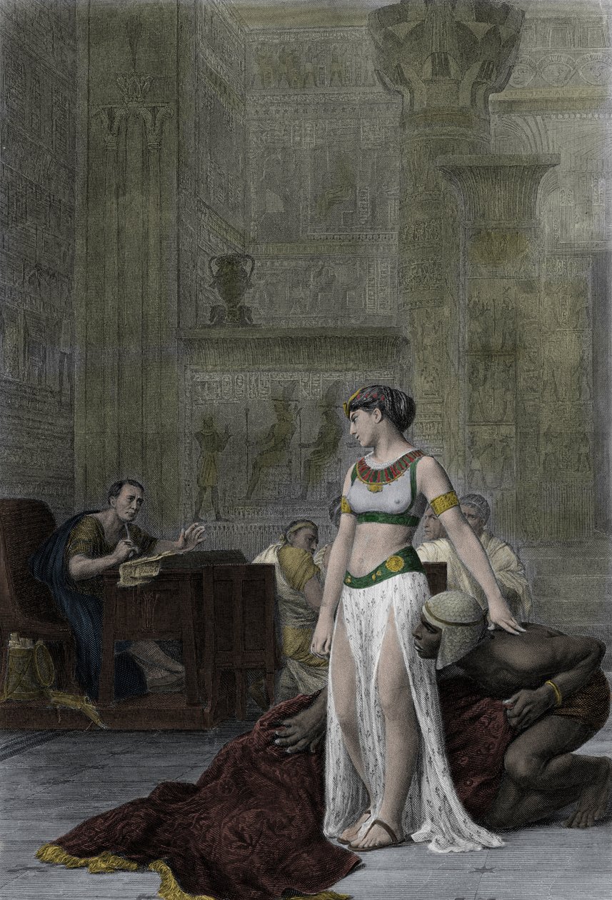 Drottningen av Egypten Cleopatra VII Thea Philopator (69-30 f.Kr.) och Jules Cesar (100-44 f.Kr.) - Kleopatra före Julius Caesar i Shakespeares pjäs, Antony och Cleopatra, efter målningen av Jean Leon Gerome av Jean Leon (after) Gerome