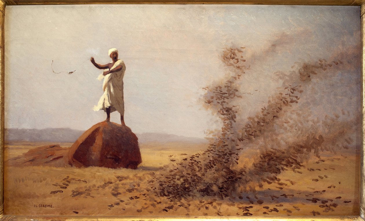 Arabiska läskiga för lärkor. (Oavslutat bord). Målning av Jean Leon Gerome (1824-1904), olja på duk, cirka 1900. Fransk konst tidigt 1900-tal, orientalism. Vesouls museum. av Jean Leon Gerome