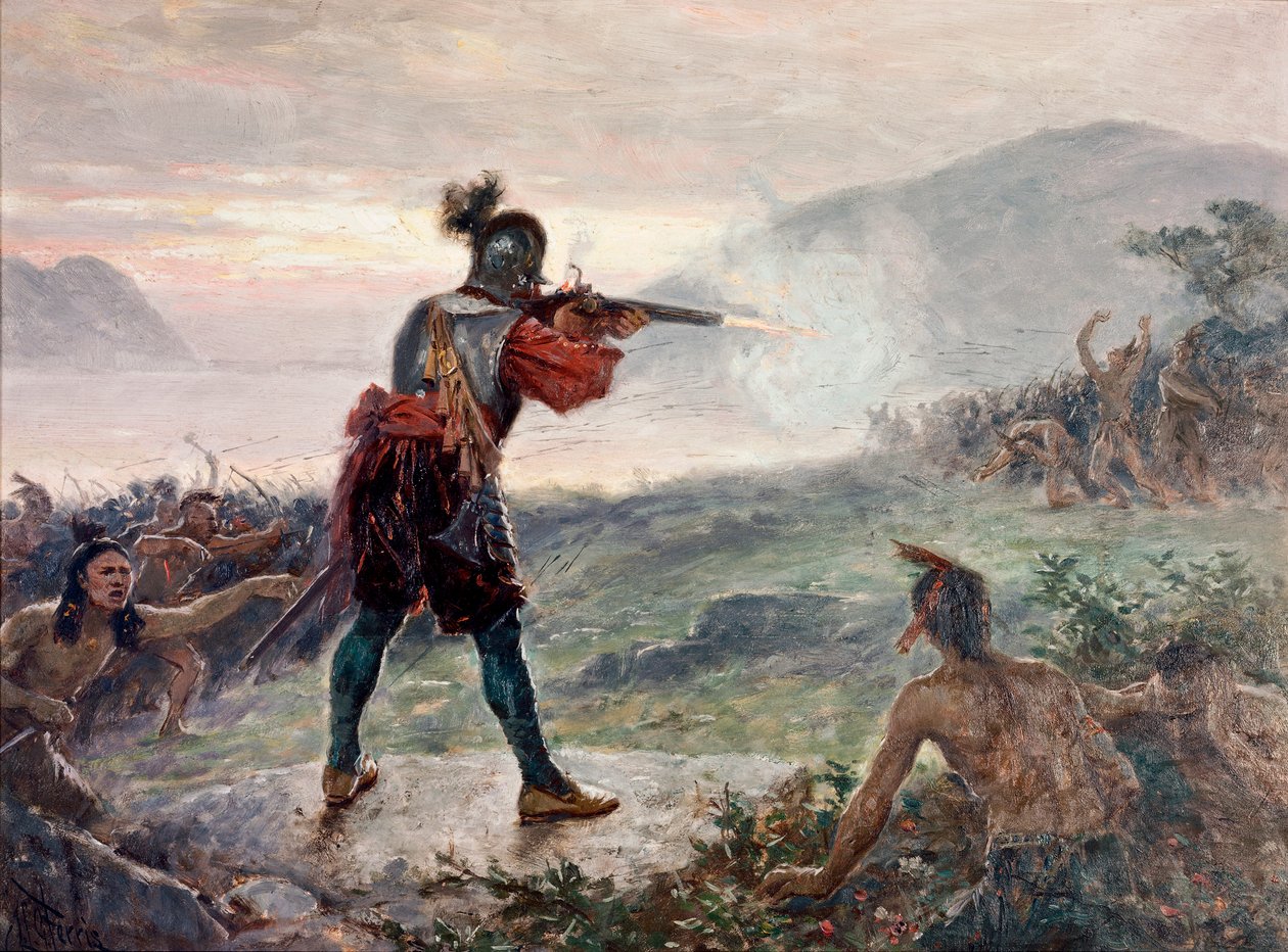 Slaget vid Champlainsjön, mellan irokeserna och en koalition av indianstammar (Algonquin, Huron och Montagnais) som stöddes av fransmännen, 1609 - Målning av Jean Leon Gerome Ferris (1863-1930 ) av Jean Leon Gerome