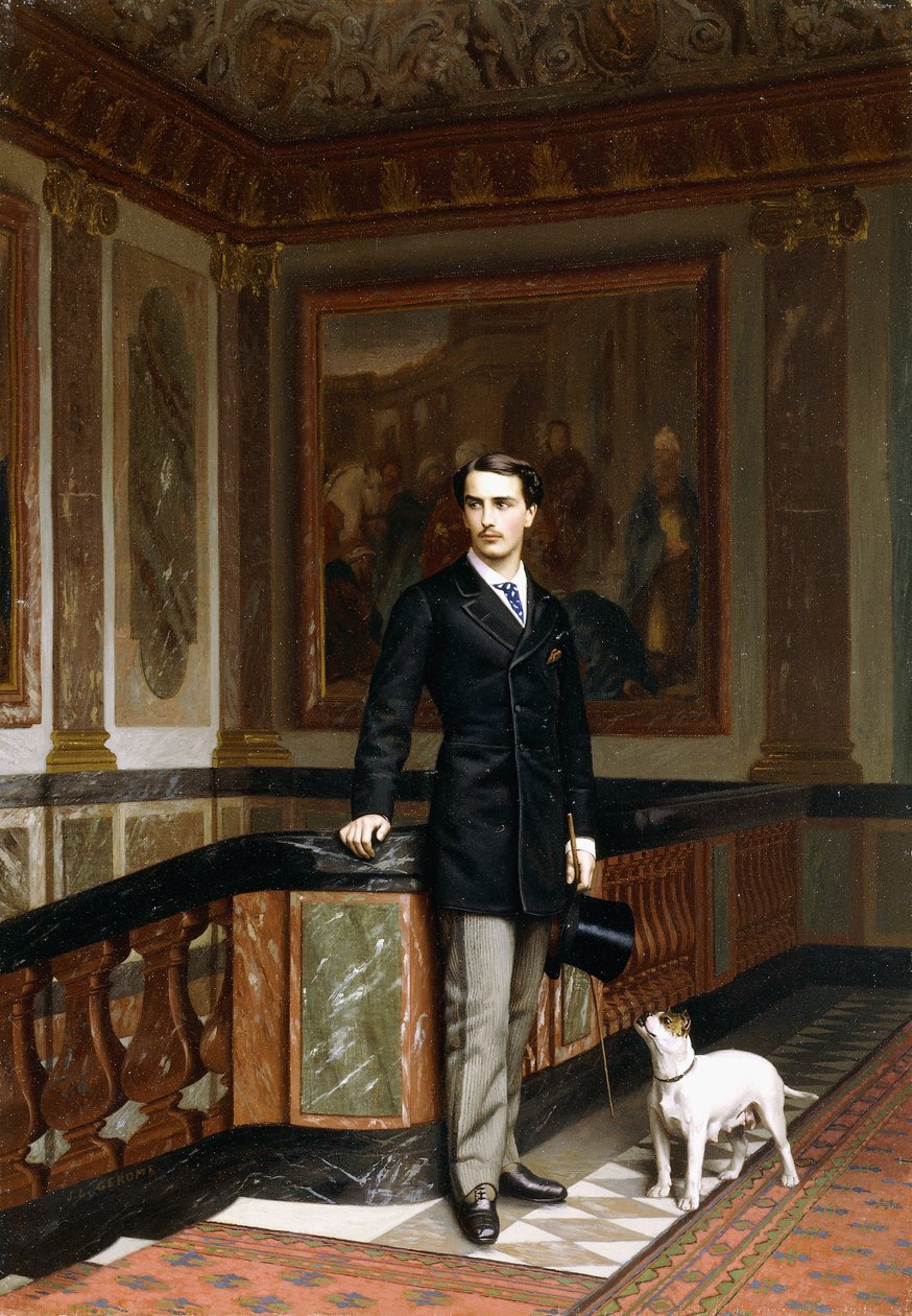 Saga om La Rouchefoucauld Duc de Doudeauville med sin terrier, ca 1870-talet av Jean Leon Gerome