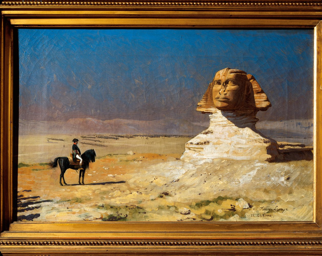 General Napoleon Bonaparte (1769-1821) framför sfinxen i Giza i Egypten under det egyptiska fälttåget (1798-1801) av Jean Leon Gerome