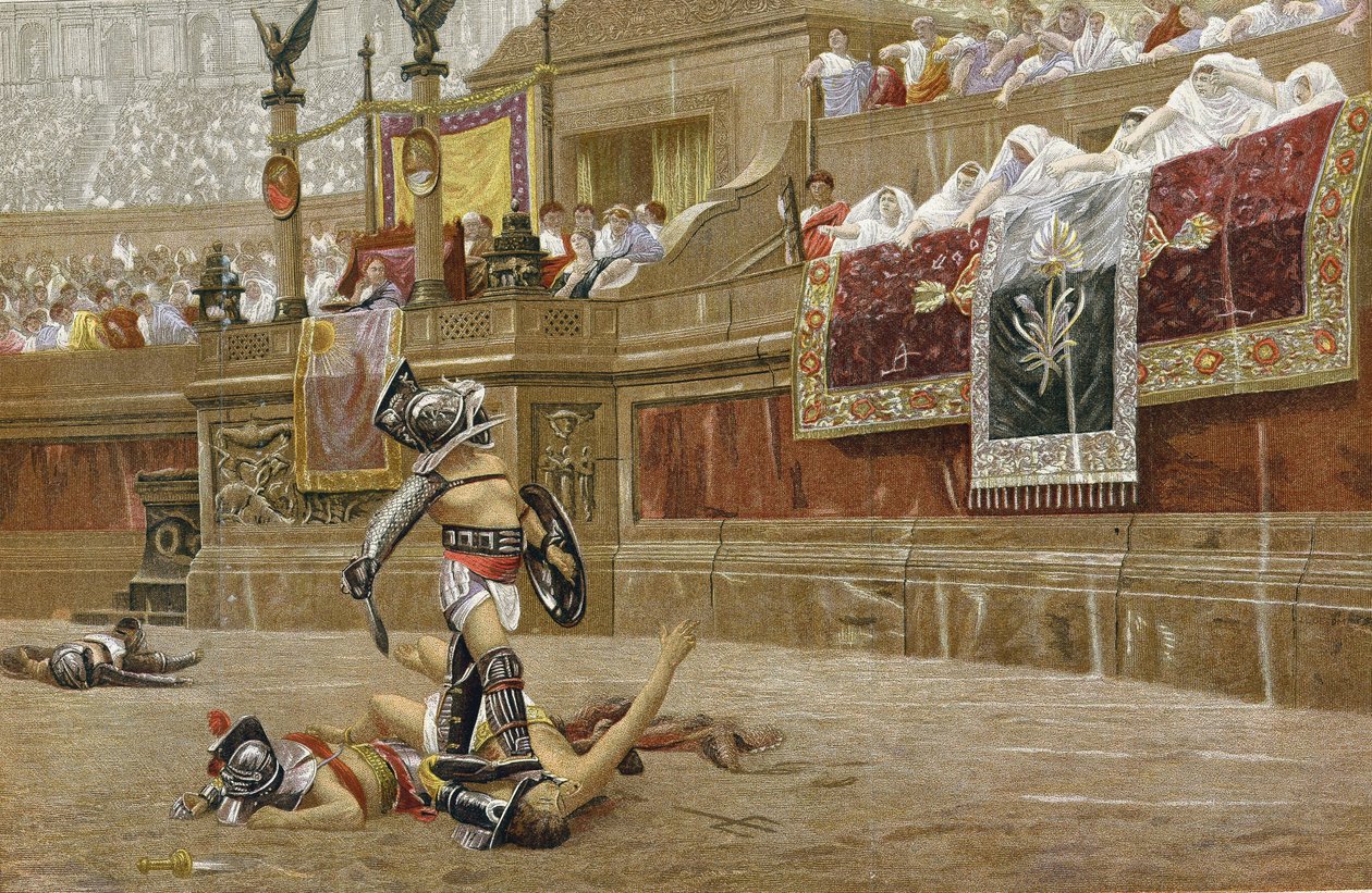 Gladiatorer i den romerska arenan: åskådarna gör tummen ner för att signalera att segraren inte ska skona sin motståndare. Kromolitografi efter målning av JL Gerome. av Jean Leon Gerome