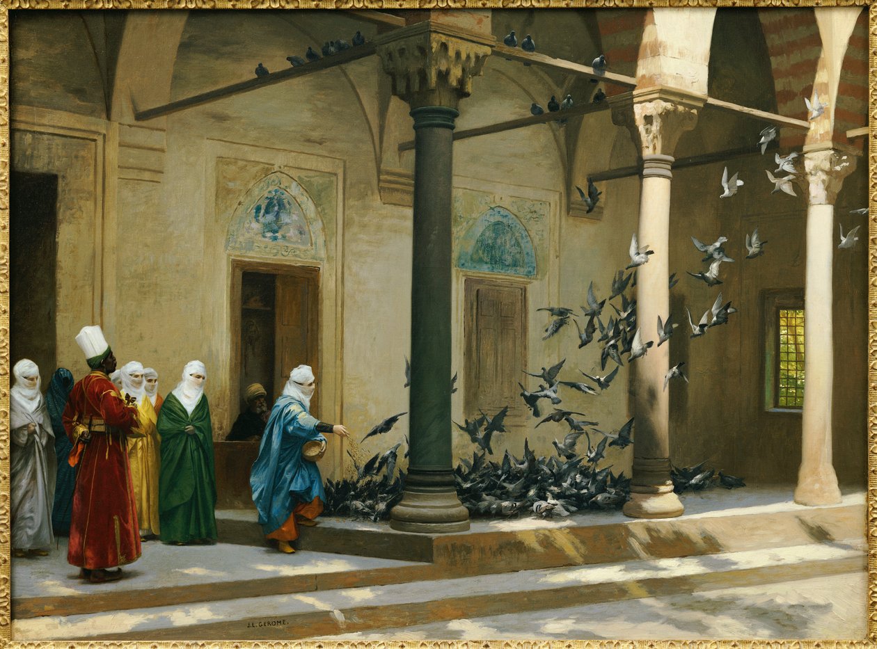Haremskvinnor som matar duvor på en innergård av Jean Leon Gerome