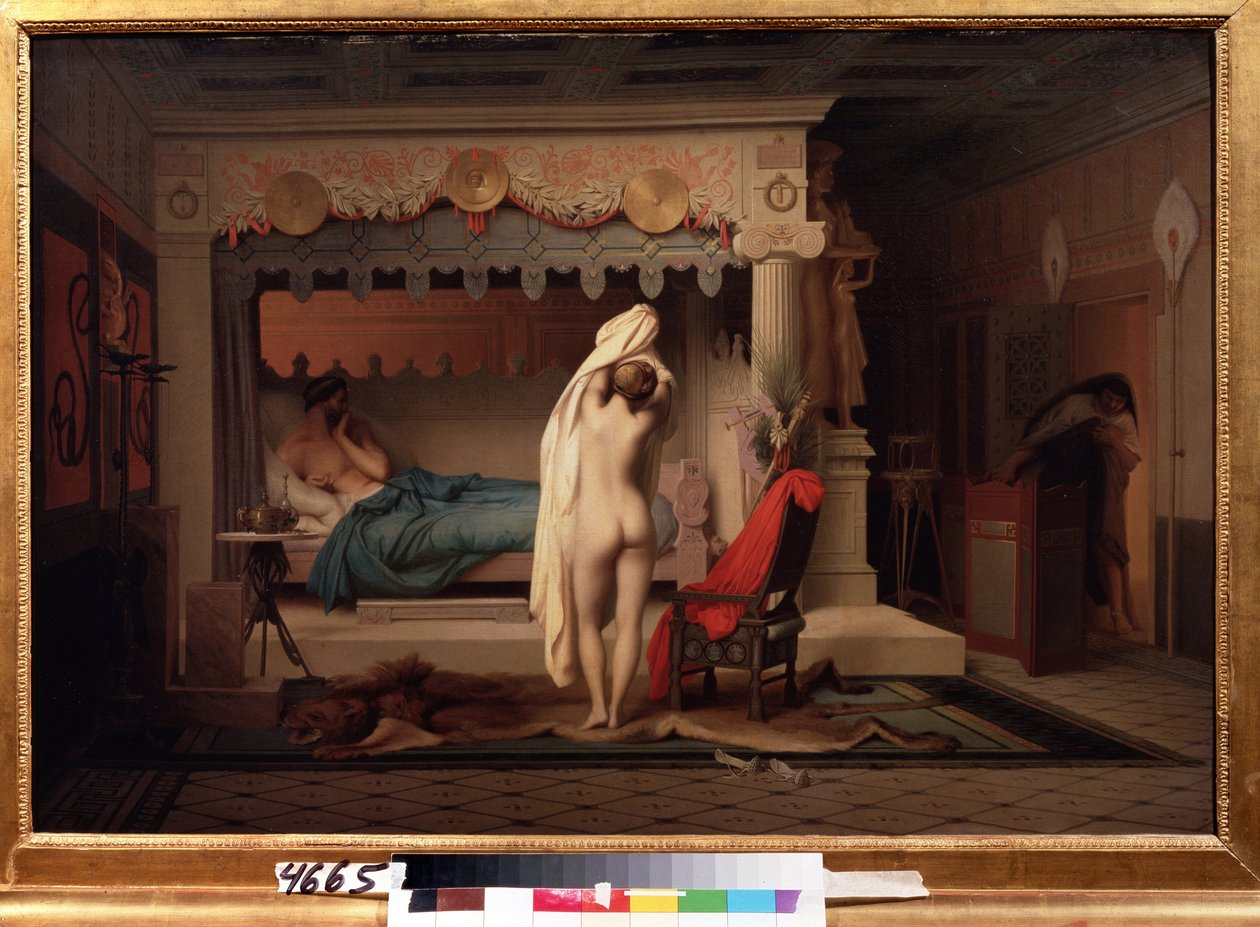 ""Representation of the King of Lydie Candaules (eller Caudale)"" Kungen visar sin nakna fru för sin förtrogne Gyges, gömd i skuggorna när hon klär av sig i sovrummet. Målning av Jean Leon Gerome (1824-1904) Efter 1859 Pushkin Museum, Mo av Jean Leon Gerome