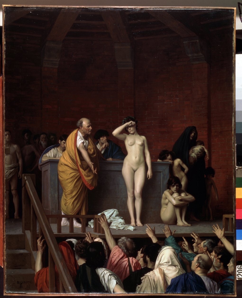 Antikens Rom: ""Slavmarknaden i Rom"" (Slavmarknaden i Rom) En naken slav på en plattform säljs, inför en publik av köpare som höjer sina armar för att ge ett pris. Målning av Jean Leon Gerome (1824-1904) 1884 Mått 92x74 cm Museum of E av Jean Leon Gerome