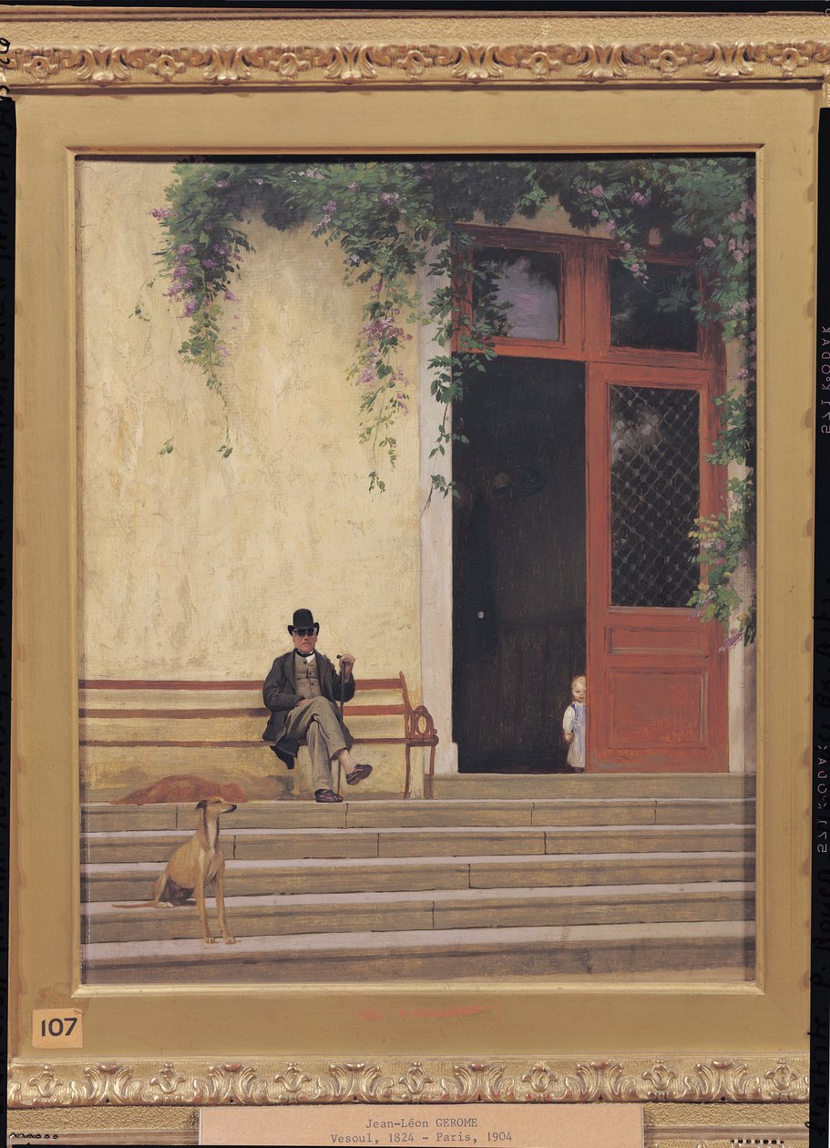 Konstnärens far och son på tröskeln till hans hus, c.1866-67 av Jean Leon Gerome