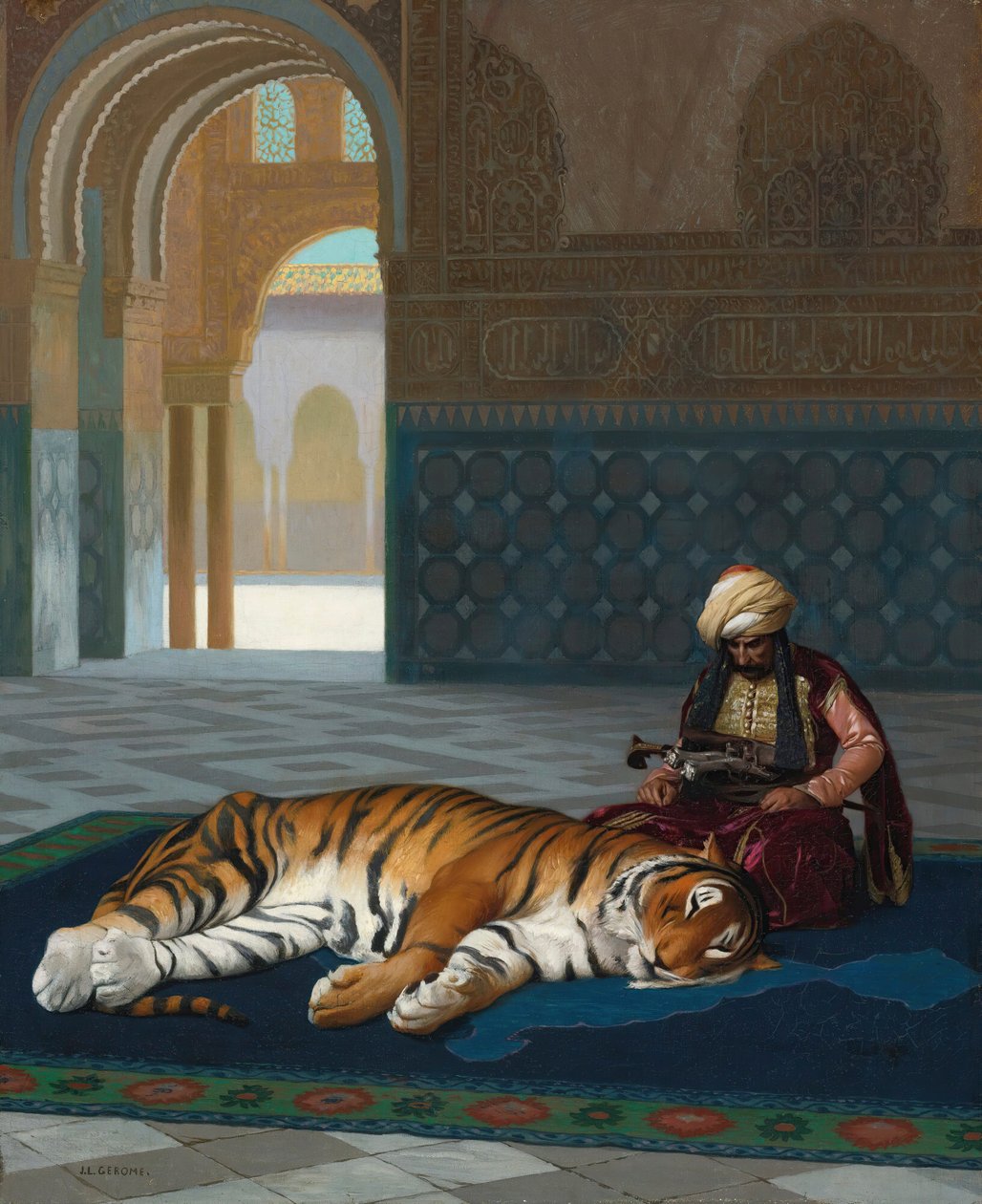 Tigern och väktaren (olja på duk) av Jean Leon Gerome