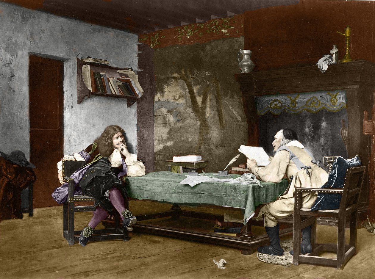 Författarna Jean-Baptiste (Jean Baptiste) Poquelin dit Moliere (1622-1673) och Pierre Corneille (1606-1684). 1800-talet (litografi efter målningen av Jean-Leon (Jean Leon) Gerome) av Jean Leon Gerome