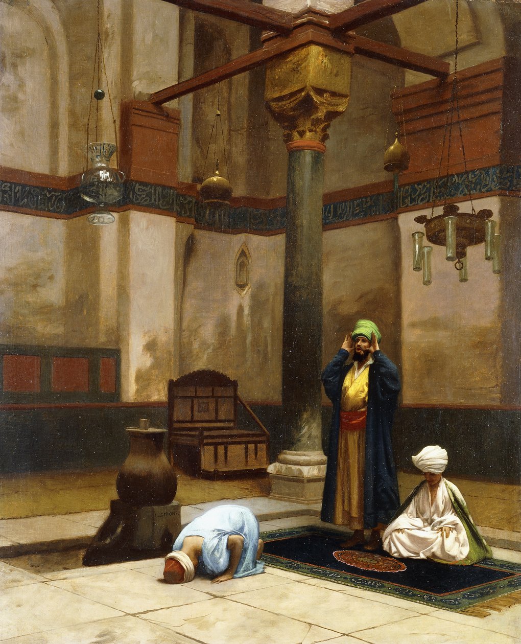 Tre personer som ber i hörnmoskén; Tre figurer som ber i ett hörn av en moské, av Jean Leon Gerome