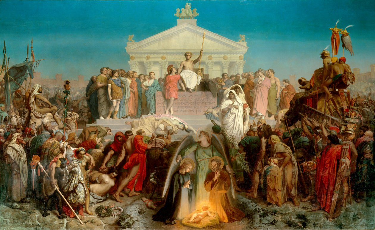 augusti århundrade: Vår Herre Jesu Kristi födelse. Augustus triumf (Octavian eller Octavianus, 63 f.Kr.-14 AD. JC), romersk kejsare. Illustration av verket "Histoire universelle 9eme epoque" av Jacques Benigne Bossuet (1627-1704). Målning av Jean Leon Gero av Jean Leon Gerome