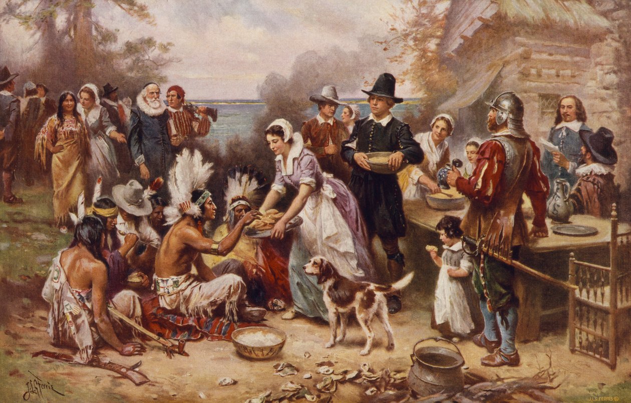 Den första Thanksgiving 1621, ca 1932 (fotomekaniskt tryck) av Jean Leon Gerome Ferris