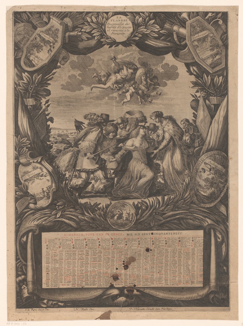 Kalender för 1659: Allegori om Flanderns underkastelse till Ludvig XIV Kalender före 1659: Allegori om överlämnandet av Flandern till Ludvig XIV Almanach, pour l