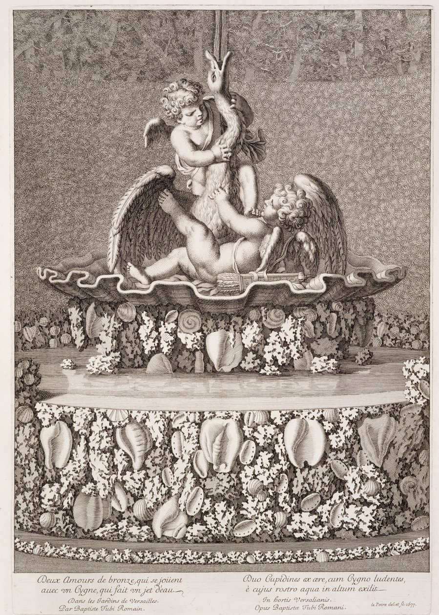 Fontän med två amoriner och en svan, designad av Jean-Baptiste Tuby, i Versailles, 1677 av Jean Lepautre
