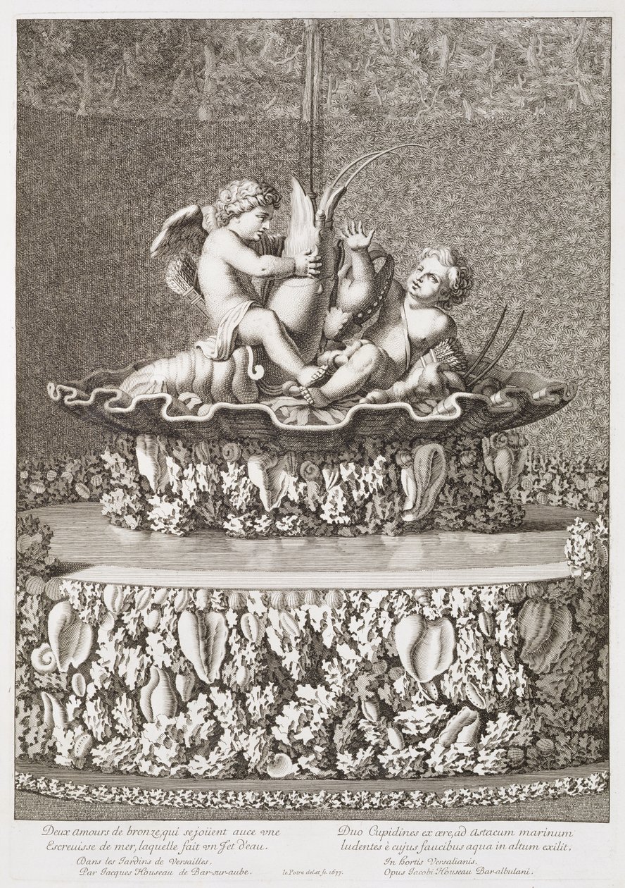 Fontän med två amoriner som rider på en kräfta, designad av Jacques Houseau, i Versailles, 1677 av Jean Lepautre