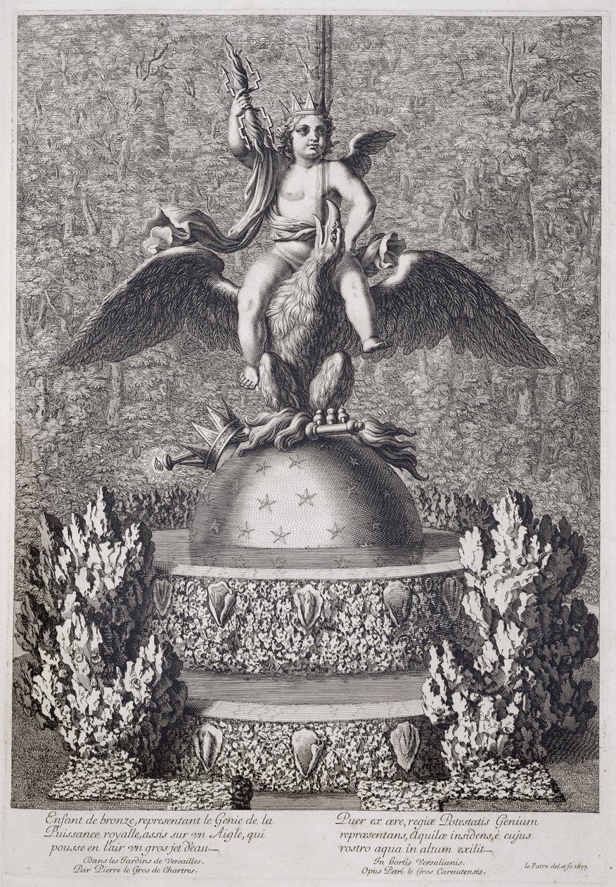 Fontäner med ett barn som representerar den kungliga maktens geni av Pierre le Gros, i Versailles, 1677 av Jean Lepautre